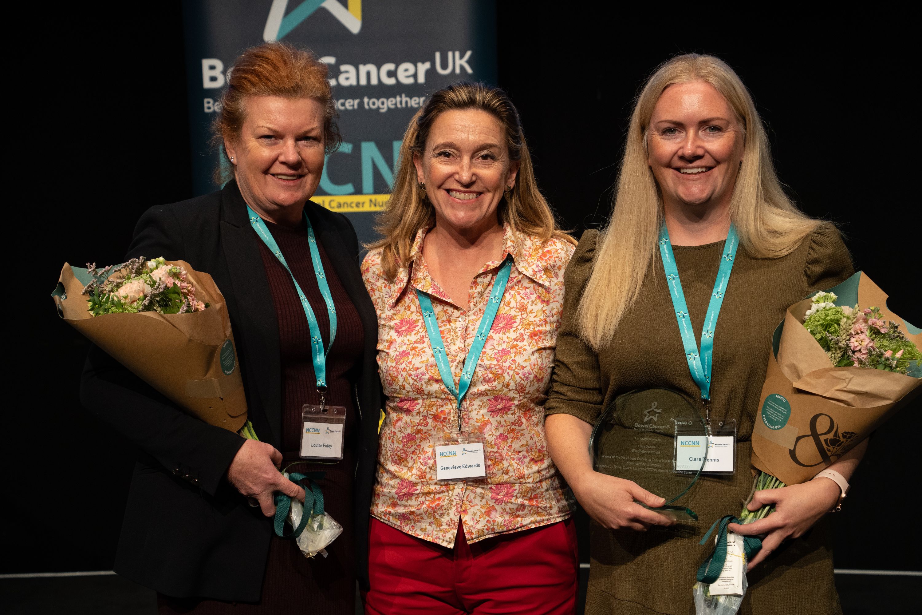 Louise and Clara with the Chief Executive of Bowel Cancer UK, Genevieve Edwards who presented the awards