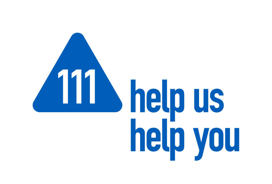 Image of NHS 111 in a blue triangle with text saying help us help you