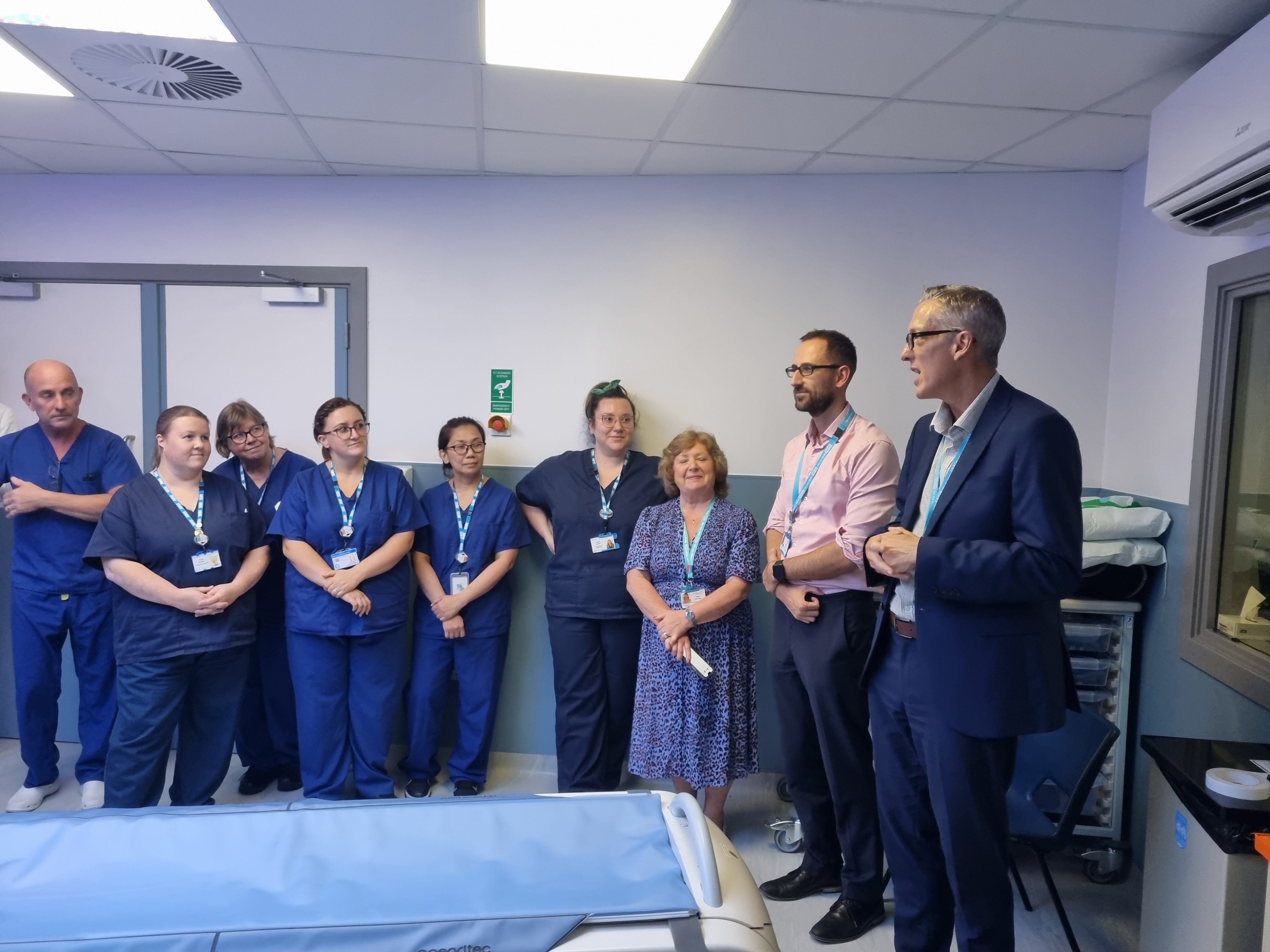 Members of the radiology team pictured with Chief Executive, Simon Constable and Chief Operating Officer, Dan Moore at the unveiling of the new CT scanner in the Warrington Hospital Emergency Department