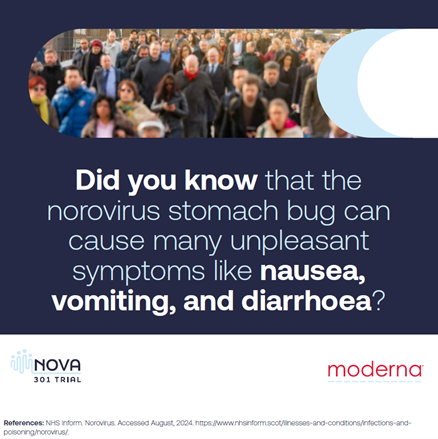 Graphic with a photo of people walking outside with text saying 'Did you know that the norovirus stomach bug can cause unpleasant symptoms like nausea, vomiting and diarrhoea? 